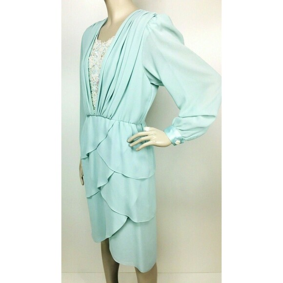 Vintage Tiered Scallop Tulip Hem Iridescent Beaded Sequined Pleated Dress S/M/L - Picture 5 of 11